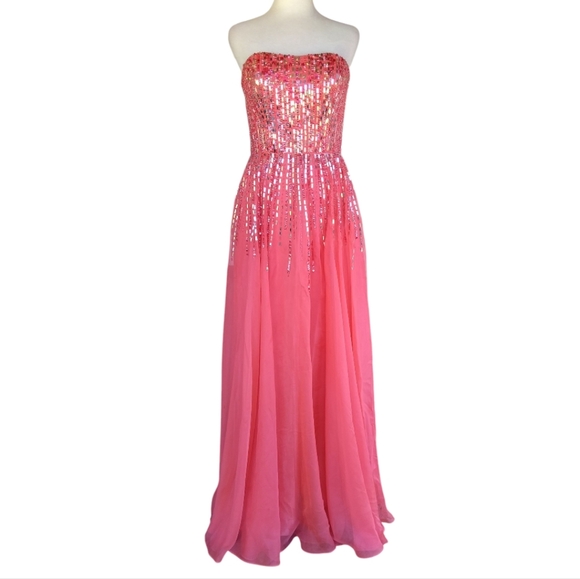 Jolene Stunning Coral Sequin Rhinestone Corset Back Strapless Gown Size 8 - Picture 1 of 7